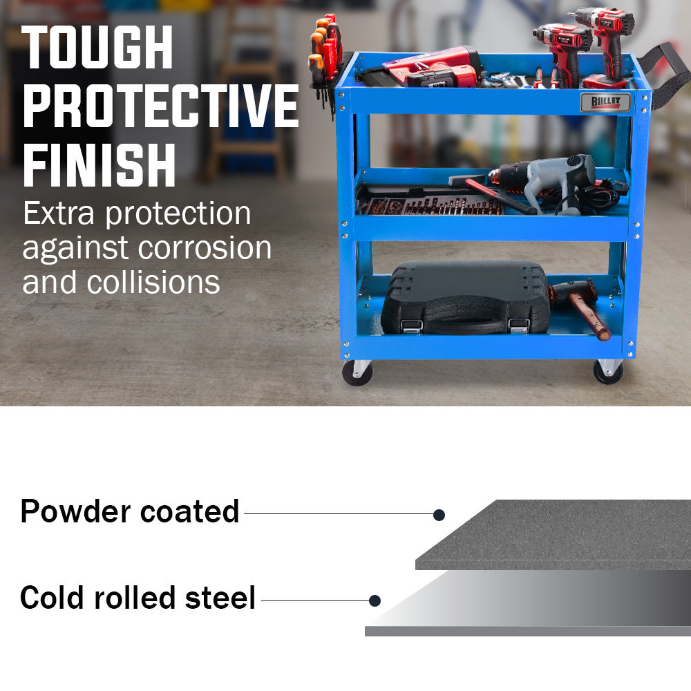 Bullet 3-Tier Steel Tool Trolley Cart, for Workshop, Mechanic, with Pegboard, Screwdriver Bay, Blue - Image 4