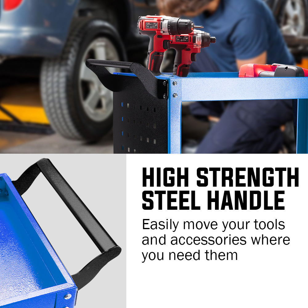 Bullet 3-Tier Steel Tool Trolley Cart, for Workshop, Mechanic, with Pegboard, Screwdriver Bay, Blue - Image 7