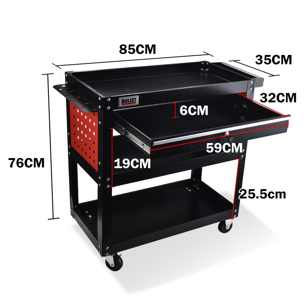 Bullet 3-Tier Steel Tool Trolley Cart, for Workshop, Mechanic, with Drawer, Pegboard, Screwdriver Bay, Black/Red - Image 2