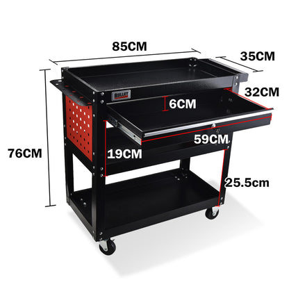 Bullet 3-Tier Steel Tool Trolley Cart, for Workshop, Mechanic, with Drawer, Pegboard, Screwdriver Bay, Black/Red - Image 2