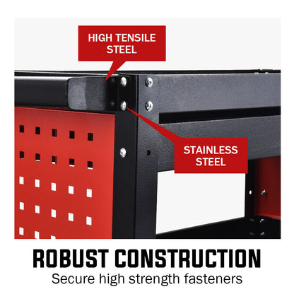 Bullet 3-Tier Steel Tool Trolley Cart, for Workshop, Mechanic, with Drawer, Pegboard, Screwdriver Bay, Black/Red - Image 4