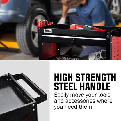 Bullet 3-Tier Steel Tool Trolley Cart, for Workshop, Mechanic, with Drawer, Pegboard, Screwdriver Bay, Black/Red - Image 8