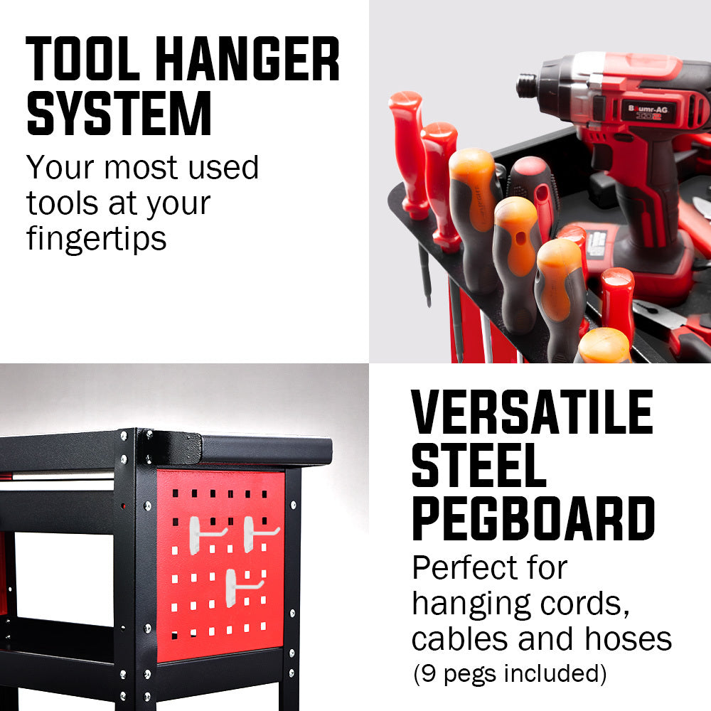 Bullet 3-Tier Steel Tool Trolley Cart, for Workshop, Mechanic, with Drawer, Pegboard, Screwdriver Bay, Black/Red - Image 9