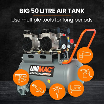 UNIMAC 50L 3.0HP Silent Oil-Free Electric Air Compressor, Portable, Twin Nitto Outlets - Image 6