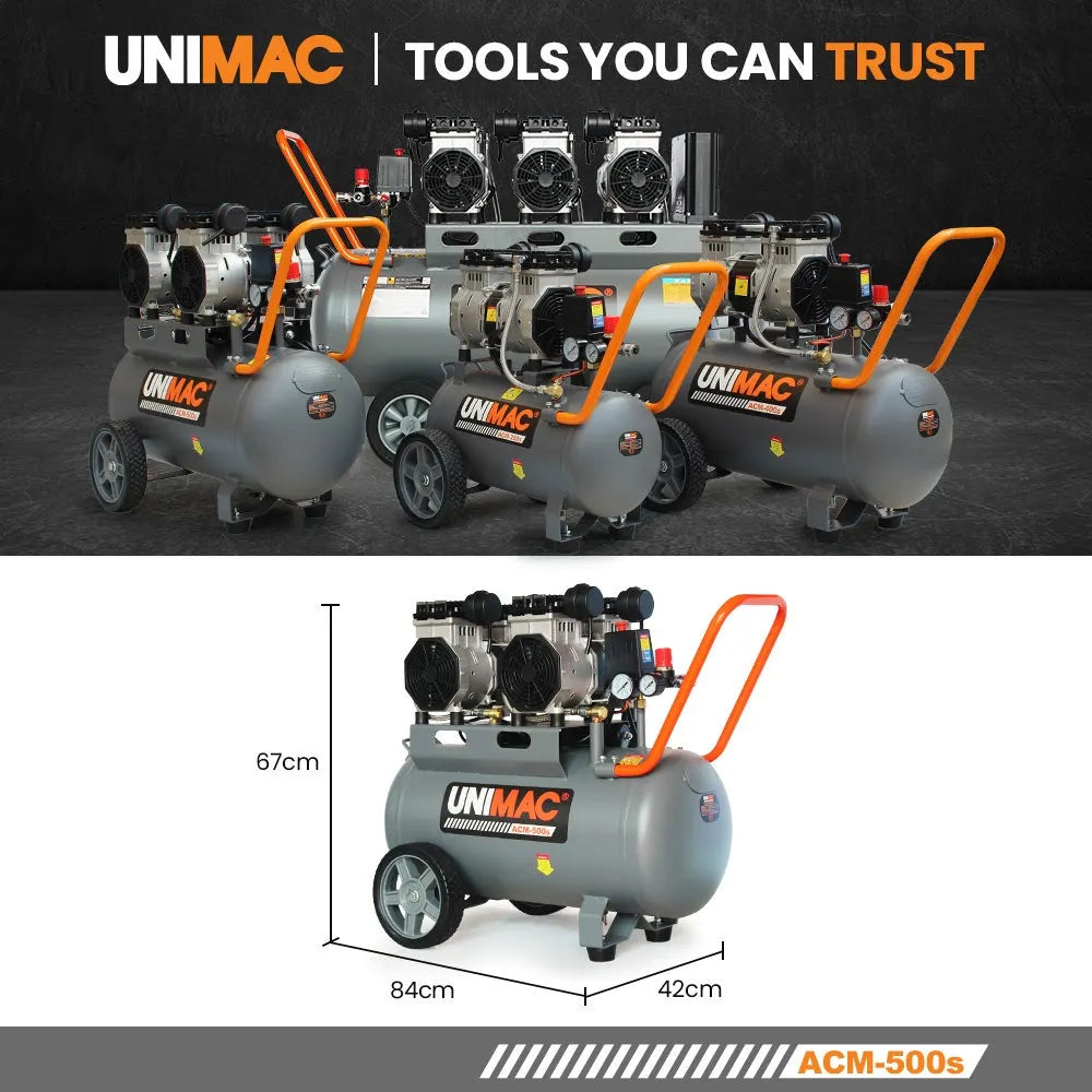 UNIMAC 50L 3.0HP Silent Oil-Free Electric Air Compressor, Portable, Twin Nitto Outlets - Image 9