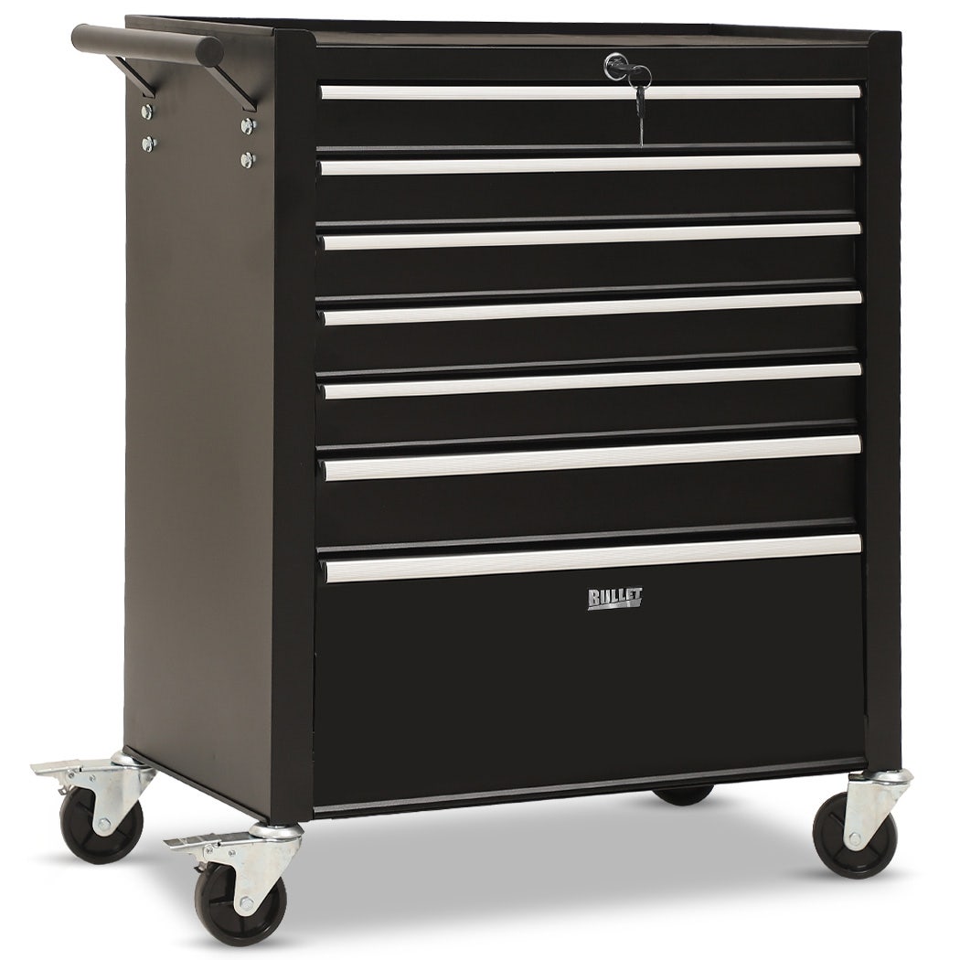 BULLET Pro 7 Drawer Tool Box Cabinet Trolley Storage, Toolbox Garage Organiser Set, Black