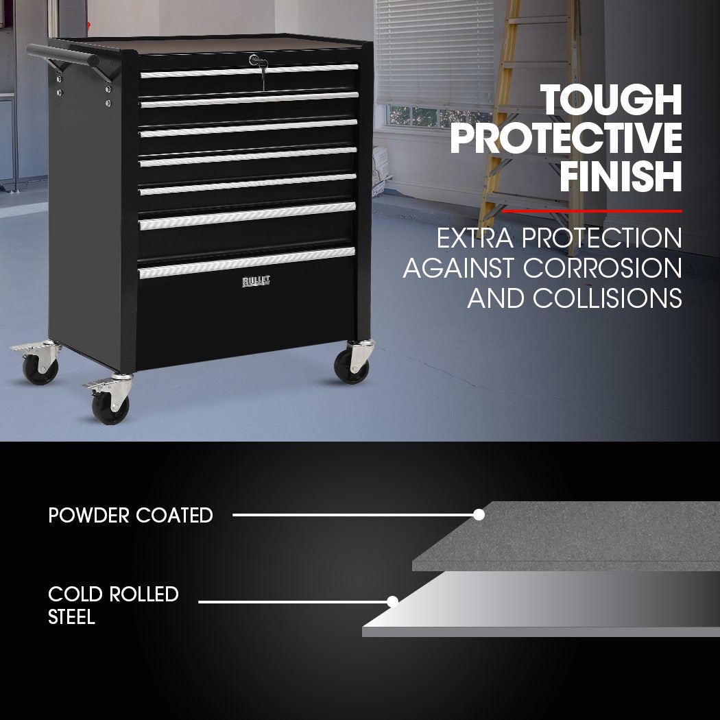BULLET Pro 7 Drawer Tool Box Cabinet Trolley Storage, Toolbox Garage Organiser Set, Black - Image 2