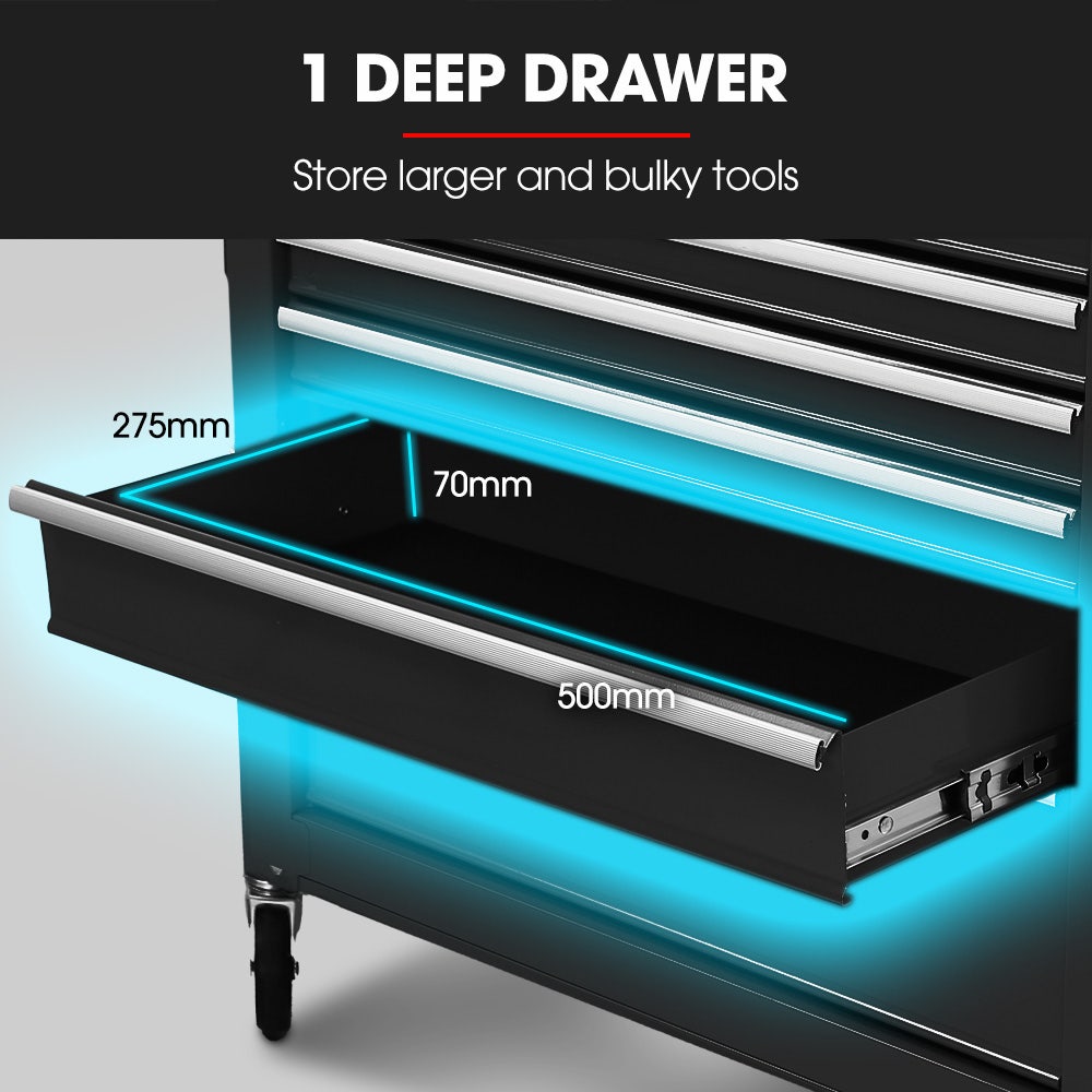BULLET Pro 7 Drawer Tool Box Cabinet Trolley Storage, Toolbox Garage Organiser Set, Black - Image 5