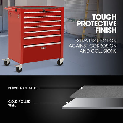 BULLET Pro 7 Drawer Tool Box Cabinet Trolley Storage, Toolbox Garage Organiser Set, Red - Image 2