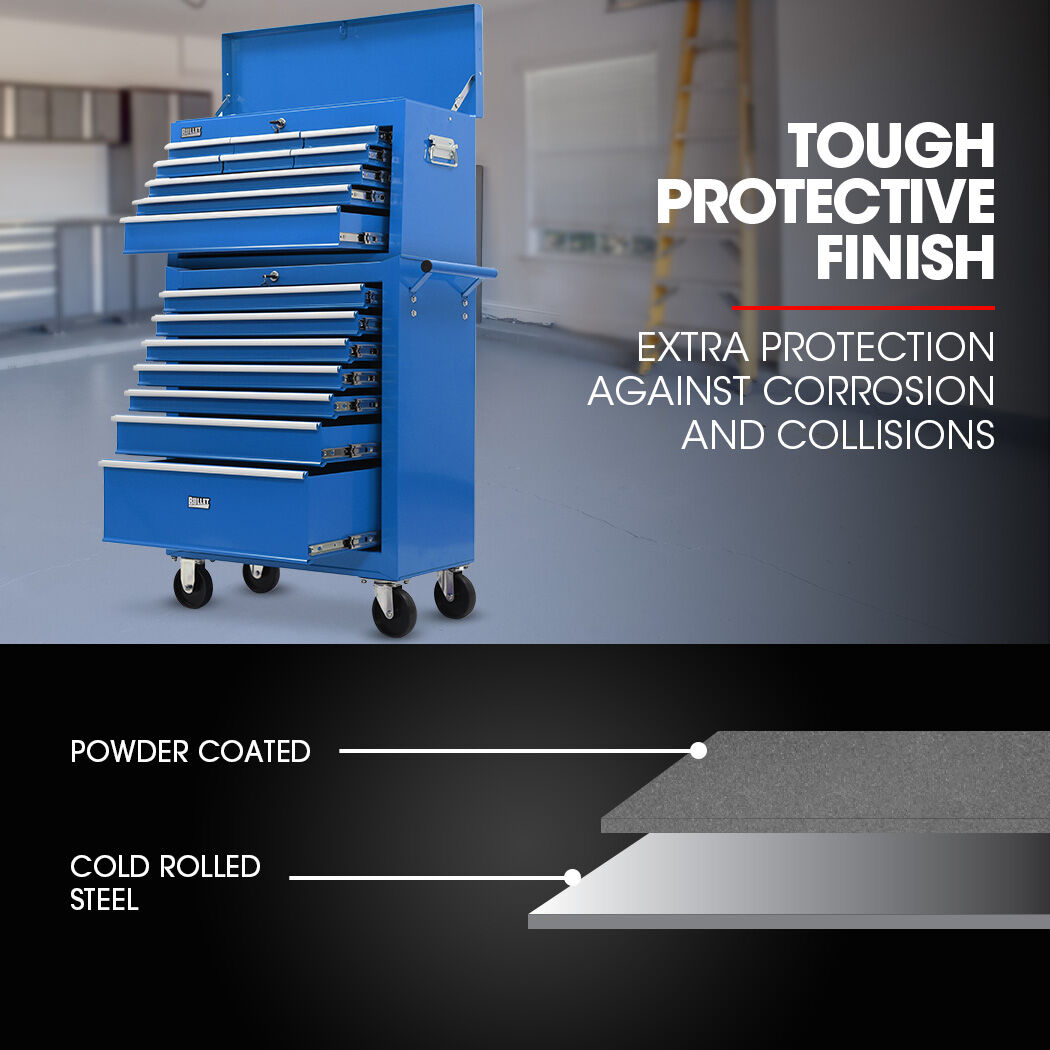 BULLET 16 Drawer Tool Box Cabinet Chest Storage, Toolbox Garage Organiser Set, Blue - Image 2