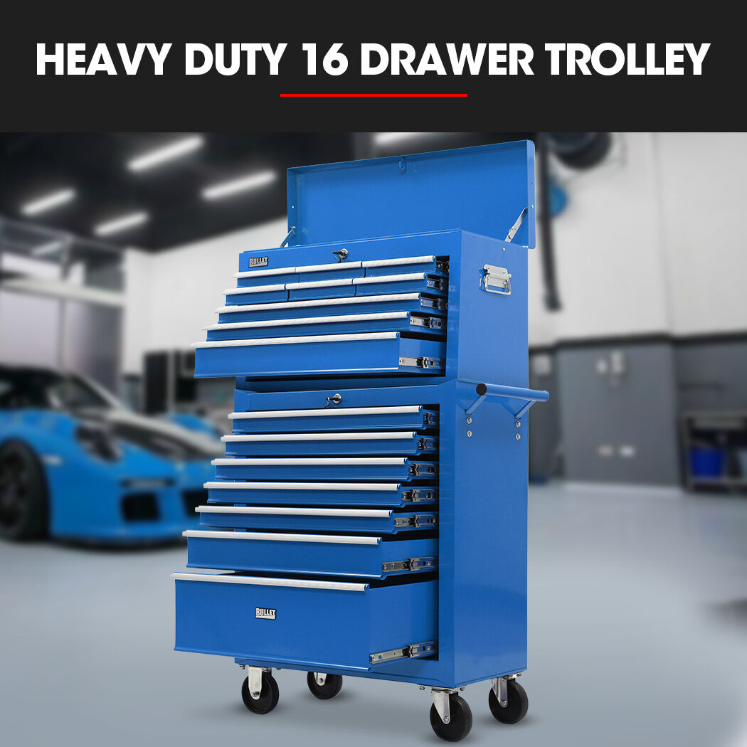 BULLET 16 Drawer Tool Box Cabinet Chest Storage, Toolbox Garage Organiser Set, Blue - Image 3