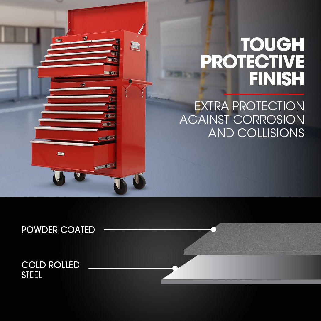 Bullet Pro 16 Drawer Tool Box Cabinet Chest Storage, Toolbox Garage Organiser Set, Red - Image 2