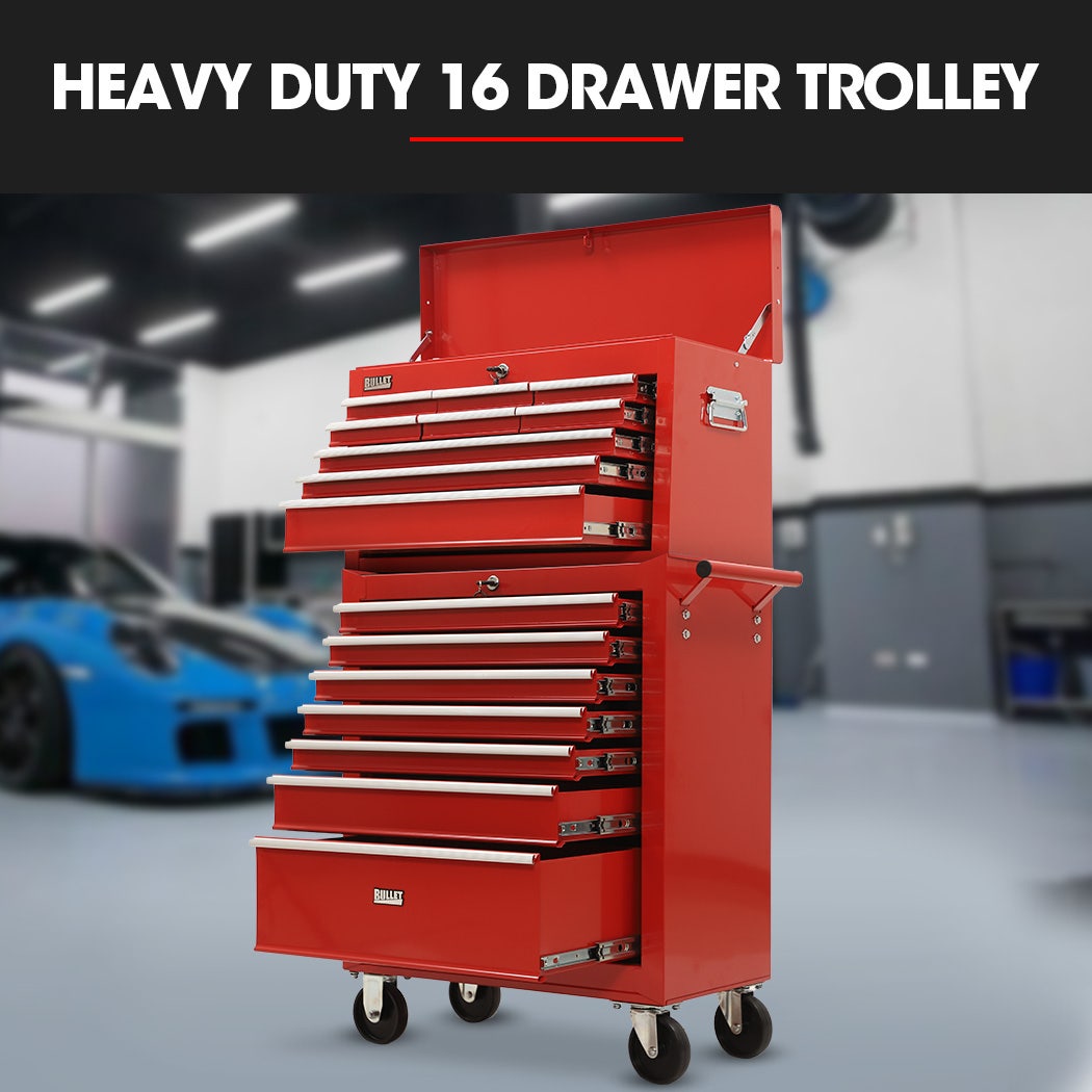 Bullet Pro 16 Drawer Tool Box Cabinet Chest Storage, Toolbox Garage Organiser Set, Red - Image 3