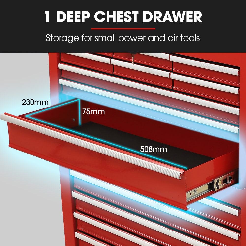 Bullet Pro 16 Drawer Tool Box Cabinet Chest Storage, Toolbox Garage Organiser Set, Red - Image 6