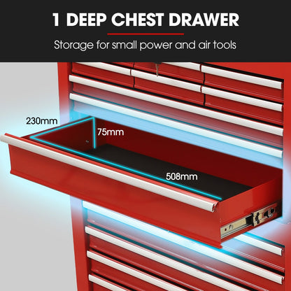 Bullet Pro 16 Drawer Tool Box Cabinet Chest Storage, Toolbox Garage Organiser Set, Red - Image 8