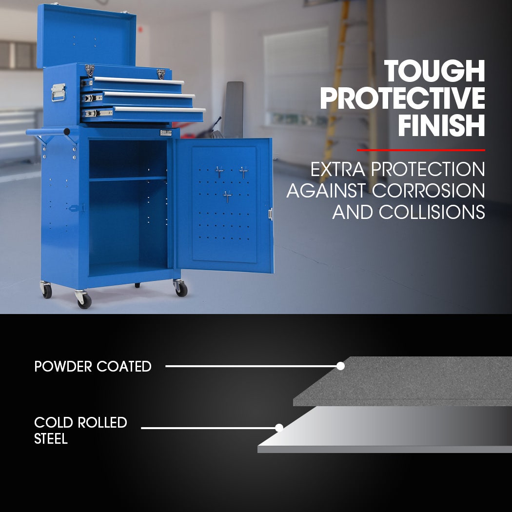 Bullet Pro 3 Drawer Tool Box Cabinet Trolley Storage, with 1-Door Toolbox Garage Organiser Set, Blue - Image 2