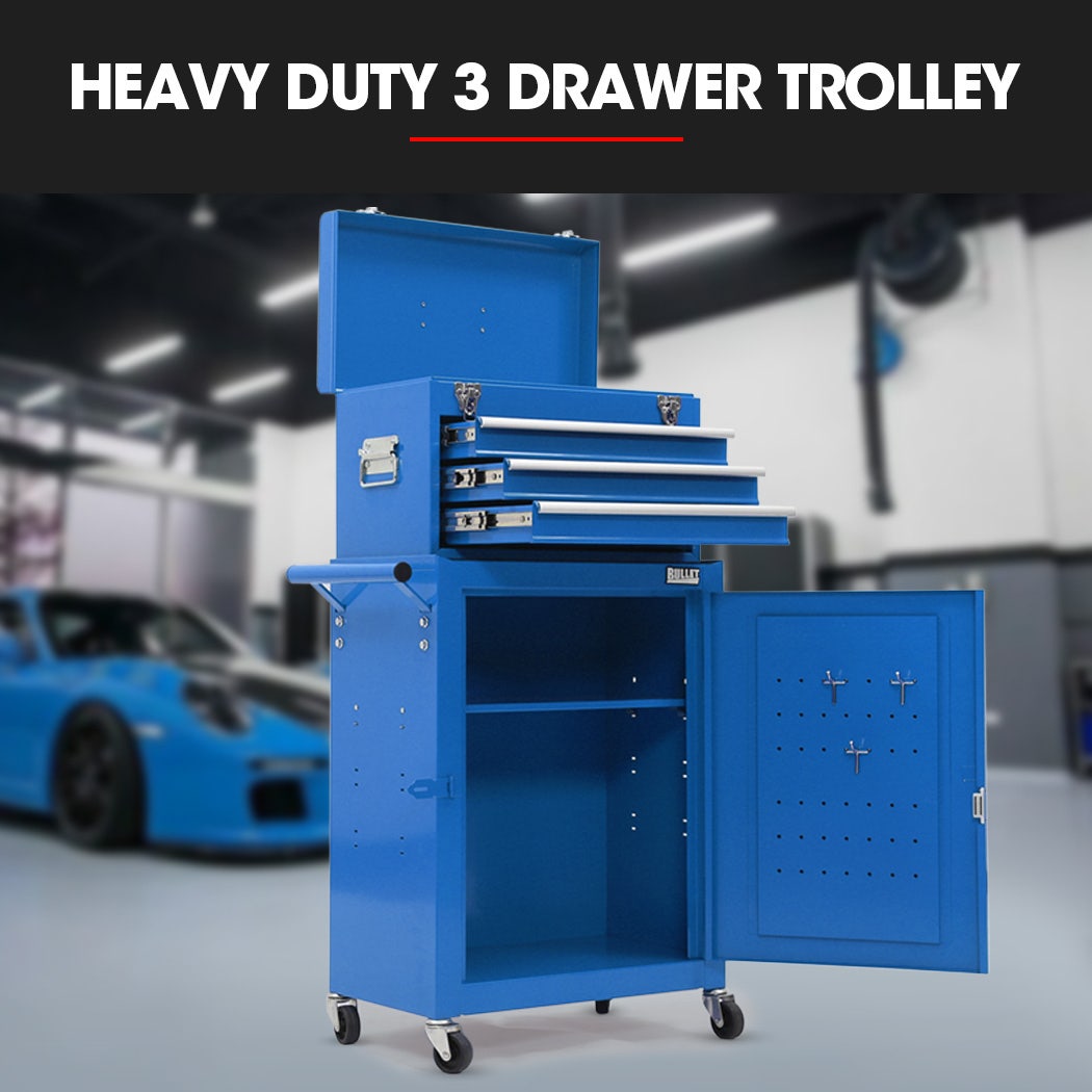 Bullet Pro 3 Drawer Tool Box Cabinet Trolley Storage, with 1-Door Toolbox Garage Organiser Set, Blue - Image 3