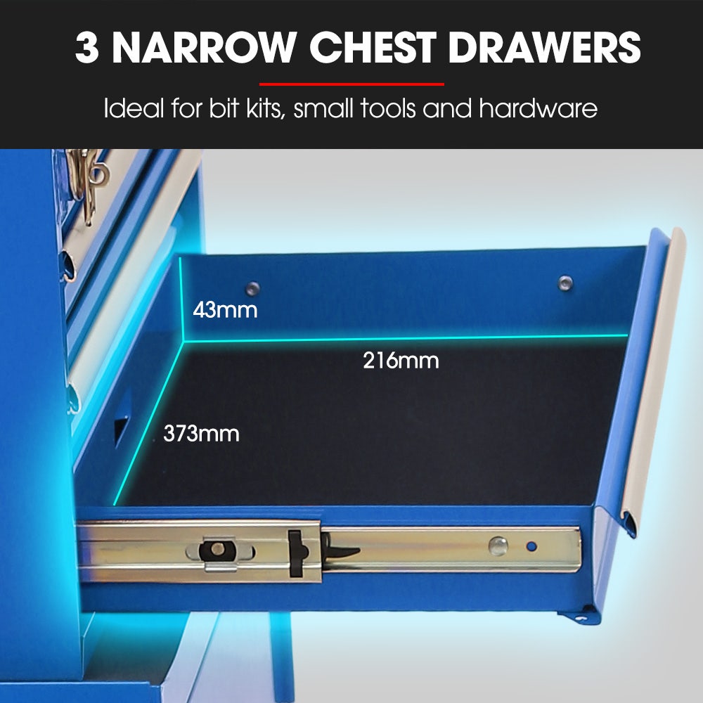 Bullet Pro 3 Drawer Tool Box Cabinet Trolley Storage, with 1-Door Toolbox Garage Organiser Set, Blue - Image 4