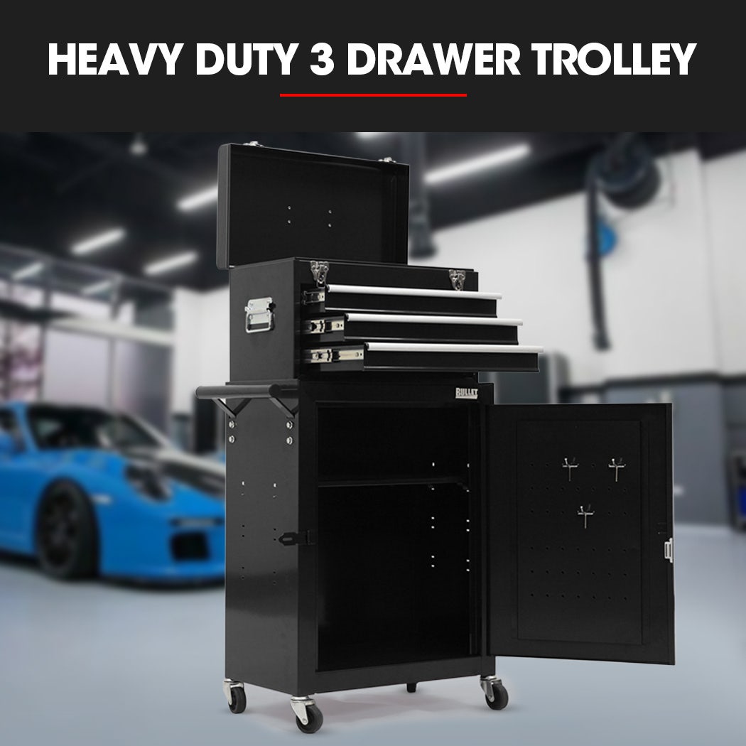Bullet Pro 3 Drawer Tool Box Cabinet Trolley Storage, with 1-Door Toolbox Garage Organiser Set, Black - Image 3