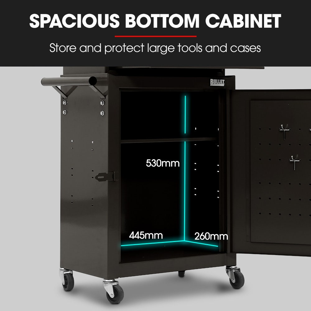 Bullet Pro 3 Drawer Tool Box Cabinet Trolley Storage, with 1-Door Toolbox Garage Organiser Set, Black - Image 5