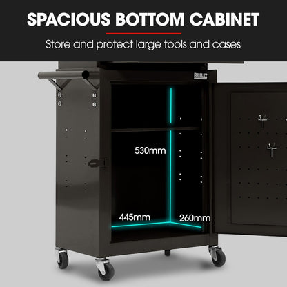Bullet Pro 3 Drawer Tool Box Cabinet Trolley Storage, with 1-Door Toolbox Garage Organiser Set, Black - Image 5