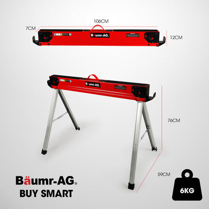 Baumr-AG 2 x Steel Saw Horse, 1000kg Capacity Folding Adjustable Sawhorses, 2x4 Support Arms - Image 2