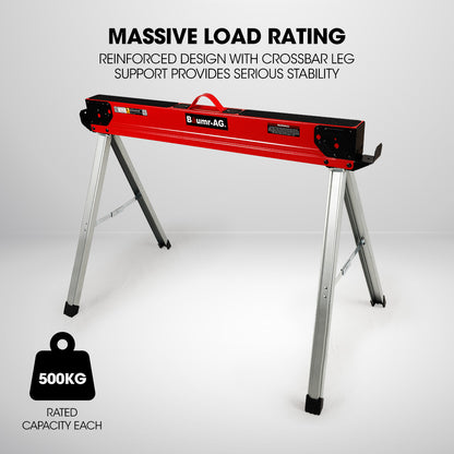 Baumr-AG 2 x Steel Saw Horse, 1000kg Capacity Folding Adjustable Sawhorses, 2x4 Support Arms - Image 6