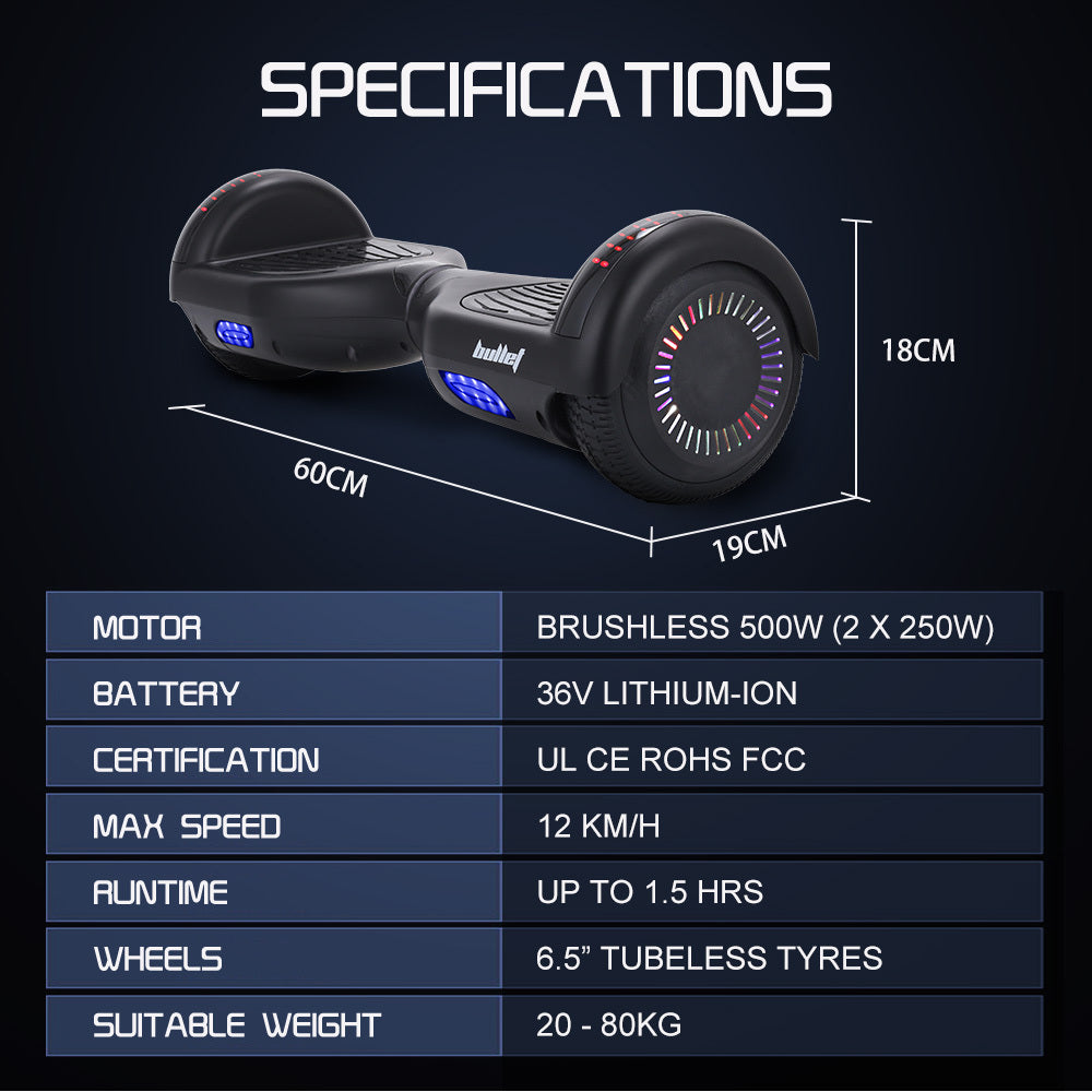 BULLET SX-2000 Hoverboard Scooter, 500W Brushless, UL Certified, AU Compliant, Superior Self Balancing System, LED Lights, Black - Image 2
