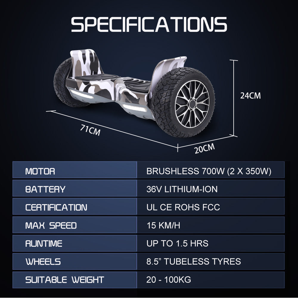 BULLET SX-4000 Hoverboard Scooter, 700W Brushless, UL Certified, AU Compliant, 8.5" Wheels, Superior Self Balancing System, LED Lights, Carry Bag, Camo - Image 2