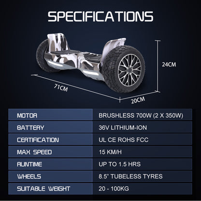 BULLET SX-4000 Hoverboard Scooter, 700W Brushless, UL Certified, AU Compliant, 8.5" Wheels, Superior Self Balancing System, LED Lights, Carry Bag, Camo - Image 2