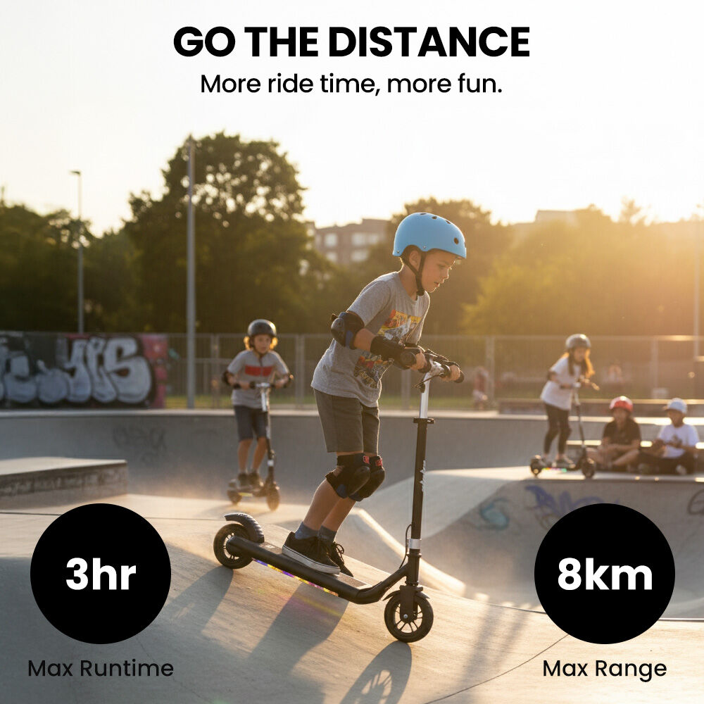 ALPHA Edge Electric Scooter Kids/Teens, 16km/h Max, Adjustable Height, UL Certified, AU Compliant, Dual Brakes, Bluetooth Music, LED, Black - Image 2