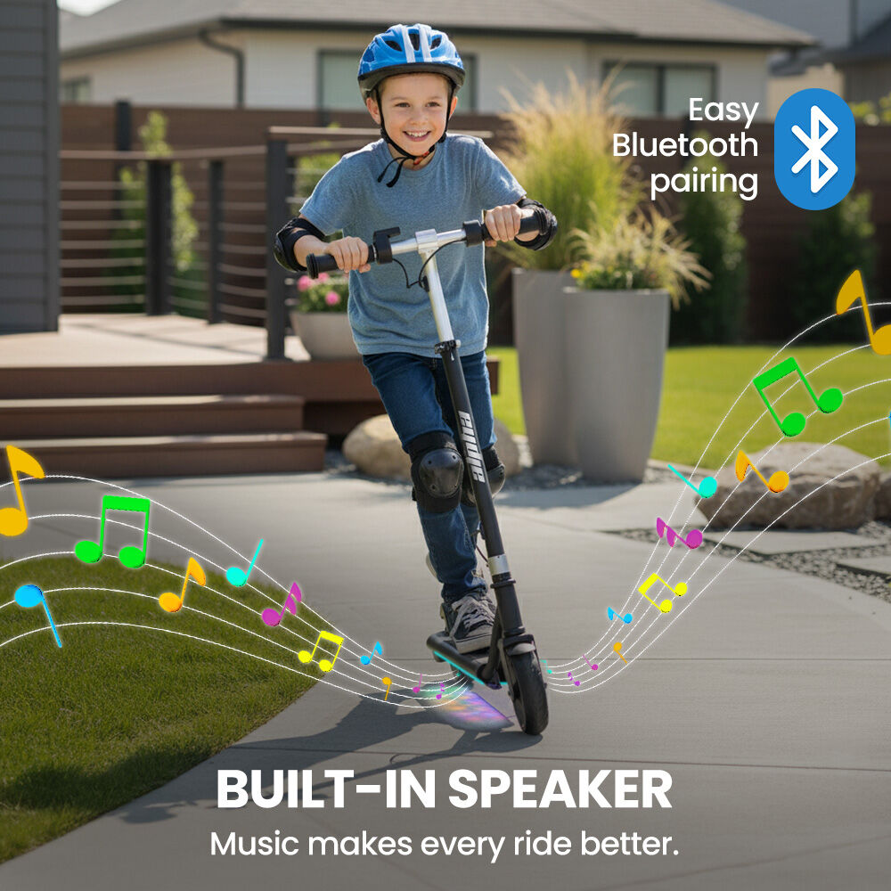 ALPHA Edge Electric Scooter Kids/Teens, 16km/h Max, Adjustable Height, UL Certified, AU Compliant, Dual Brakes, Bluetooth Music, LED, Black - Image 4