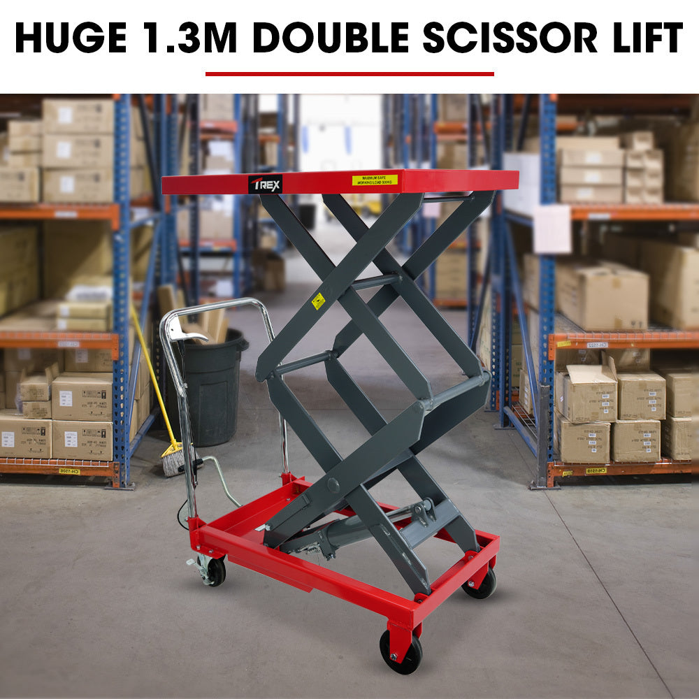 T-REX 300KG Hydraulic High Lift Double Scissor Trolley, 1.3M Max Platform Hgt, Heavy-Duty, for Material Handling - Image 3