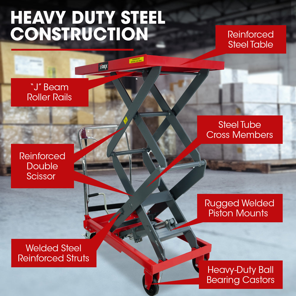 T-REX 300KG Hydraulic High Lift Double Scissor Trolley, 1.3M Max Platform Hgt, Heavy-Duty, for Material Handling - Image 6