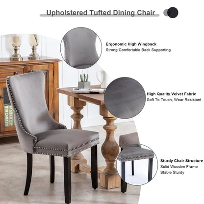 4x Velvet Upholstered Dining Chairs Tufted Wingback Side Chair with Studs Trim Solid Wood Legs for Kitchen - Image 8
