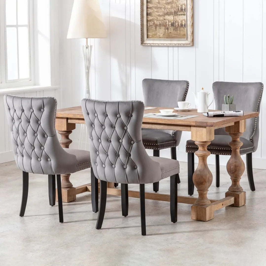 4x Velvet Upholstered Dining Chairs Tufted Wingback Side Chair with Studs Trim Solid Wood Legs for Kitchen - Image 9