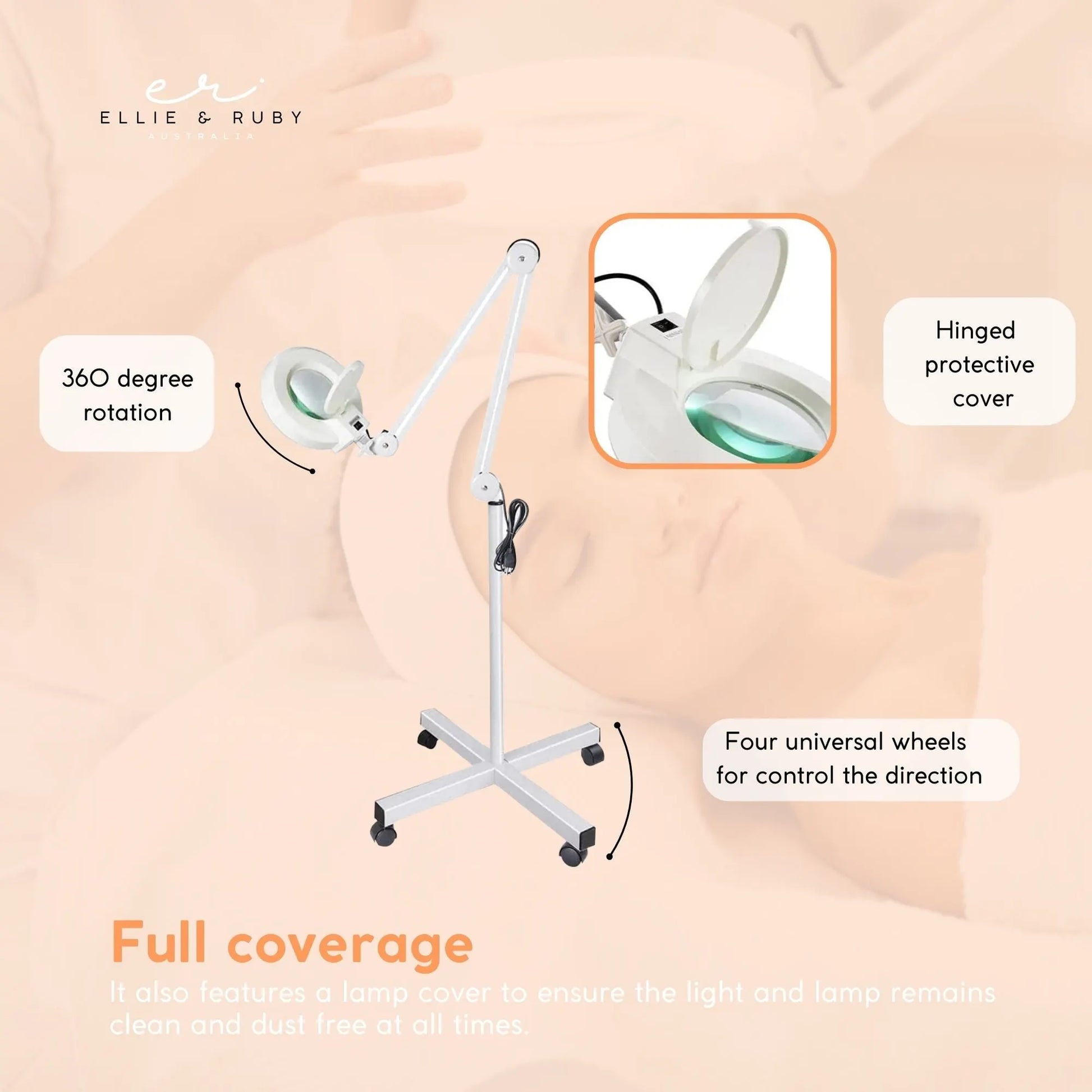 Ellie & Ruby 5x Magnifying Floor Lamp - Glass Lens Light and Wheeled Stand White - Image 4