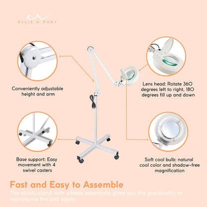 Ellie & Ruby 5x Magnifying Floor Lamp - Glass Lens Light and Wheeled Stand White - Image 5