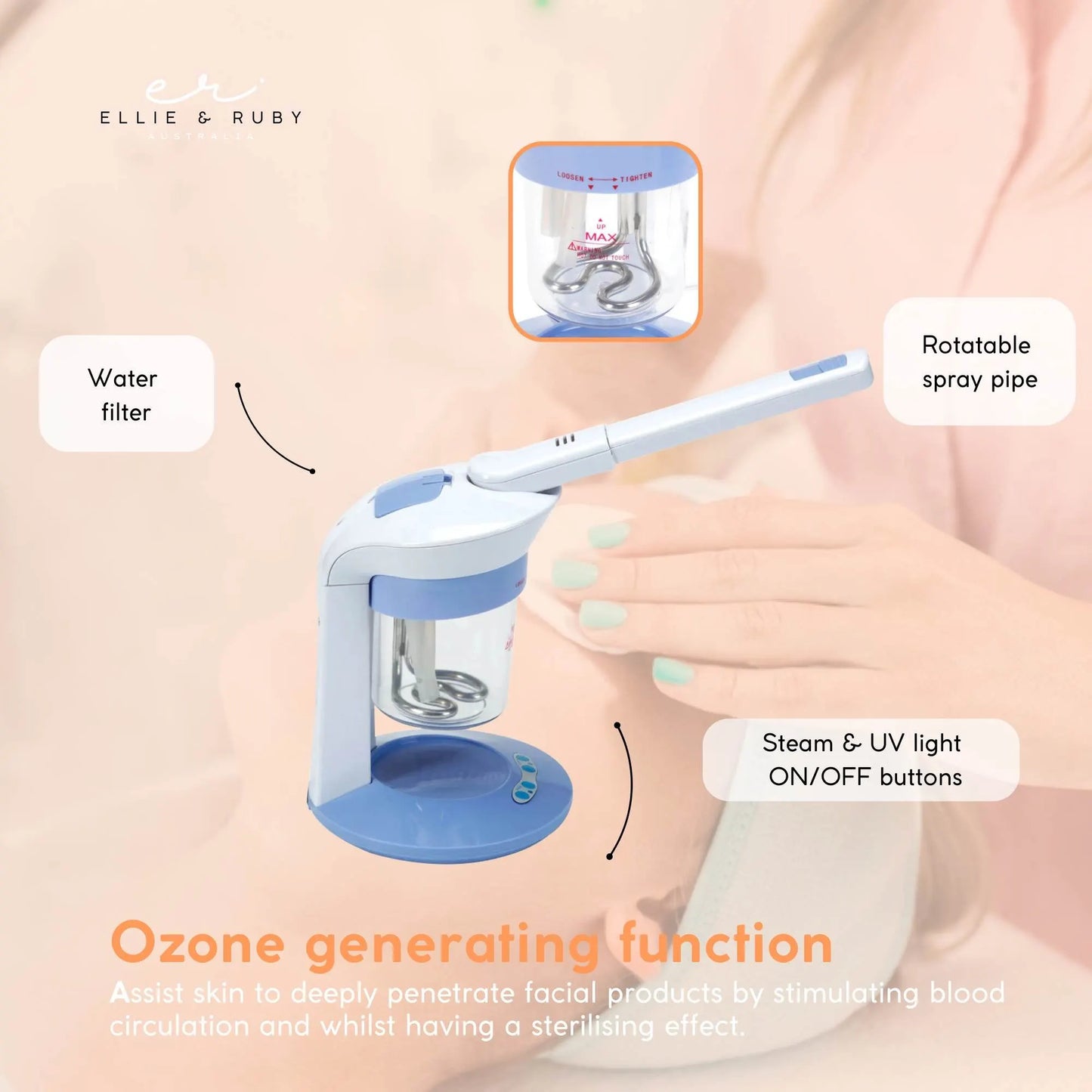 Ellie & Ruby 2-in-1 Facial Hair Steamer Ozone Steam Machine Portable Tabletop - Image 4