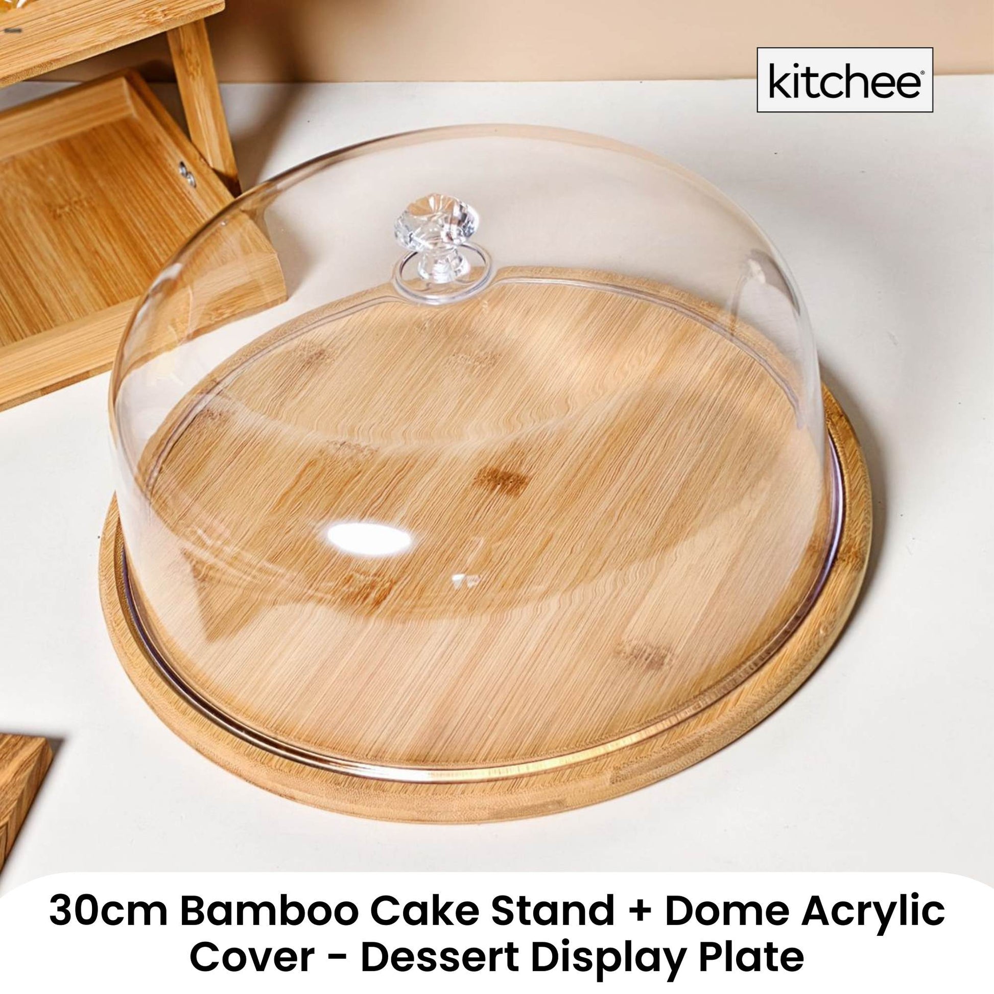 Kitchee 30cm Bamboo Cake Stand + Dome Acrylic Cover - Dessert Display Plate - Image 2