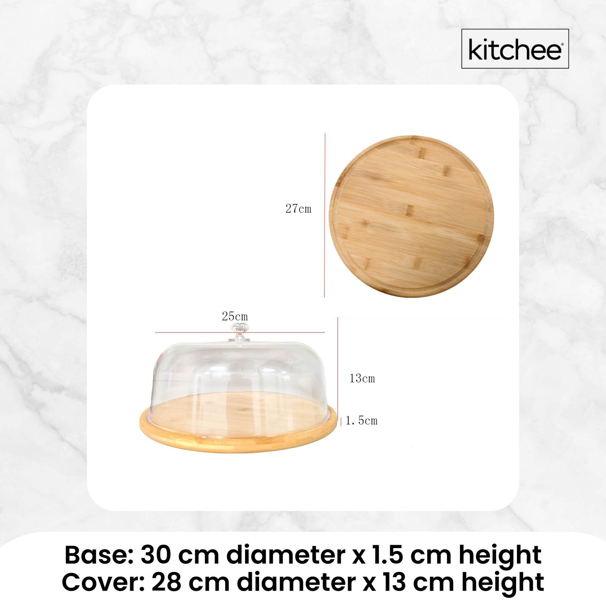 Kitchee 30cm Bamboo Cake Stand + Dome Acrylic Cover - Dessert Display Plate - Image 4