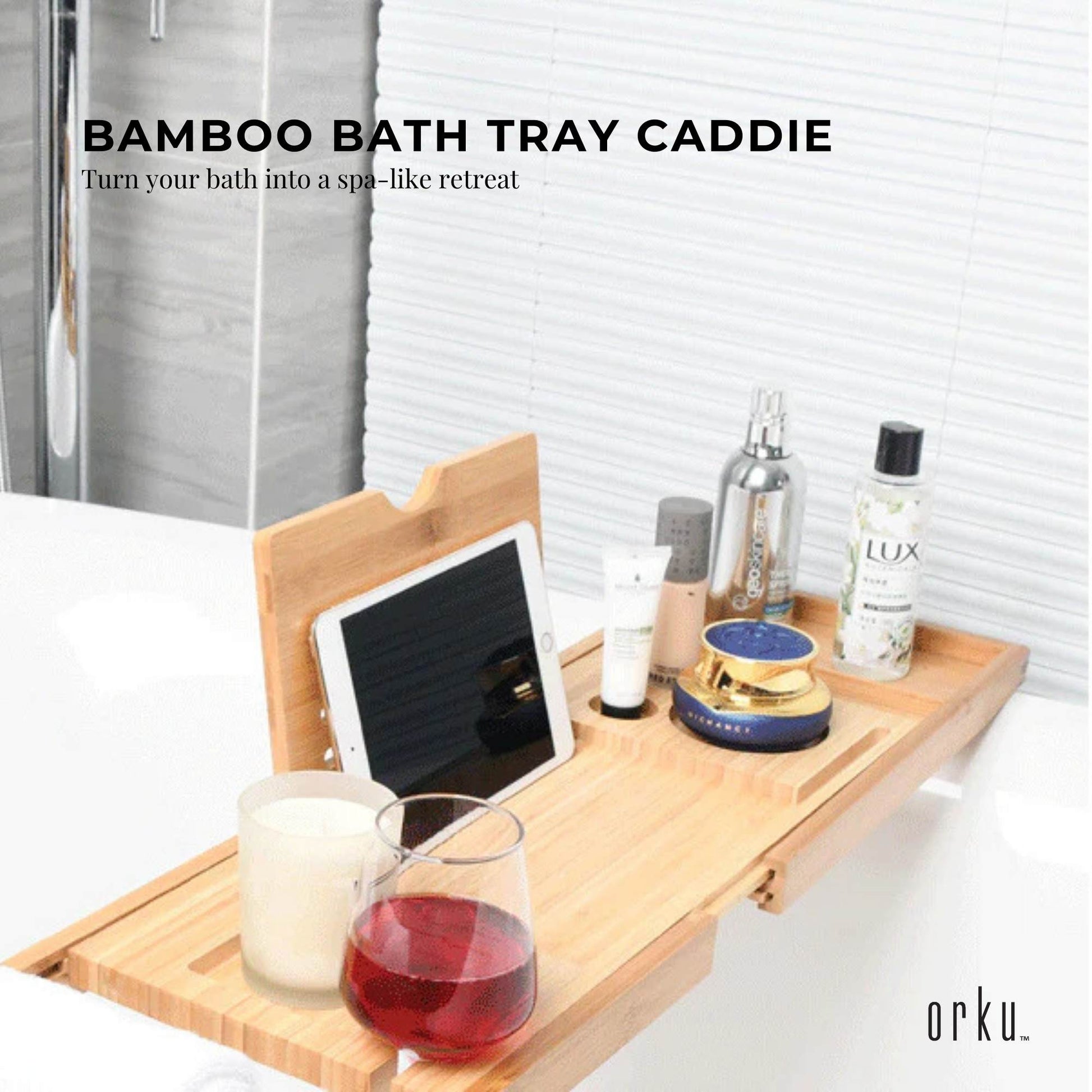 Luxury Adjustable Bamboo Bath Tray Caddy - Spa Book Wine & Accessories Holder - Image 2