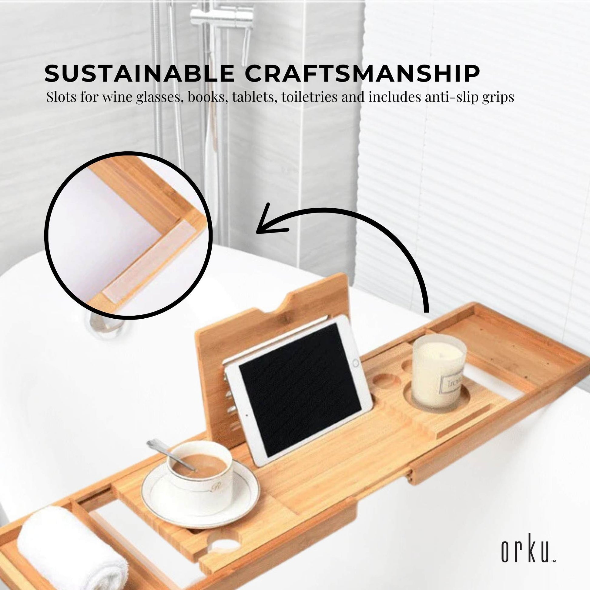 Luxury Adjustable Bamboo Bath Tray Caddy - Spa Book Wine & Accessories Holder - Image 4