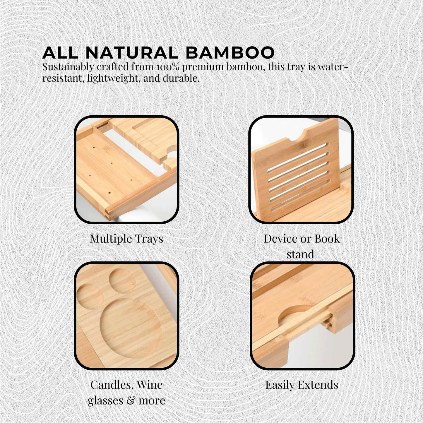 Luxury Adjustable Bamboo Bath Tray Caddy - Spa Book Wine & Accessories Holder - Image 6