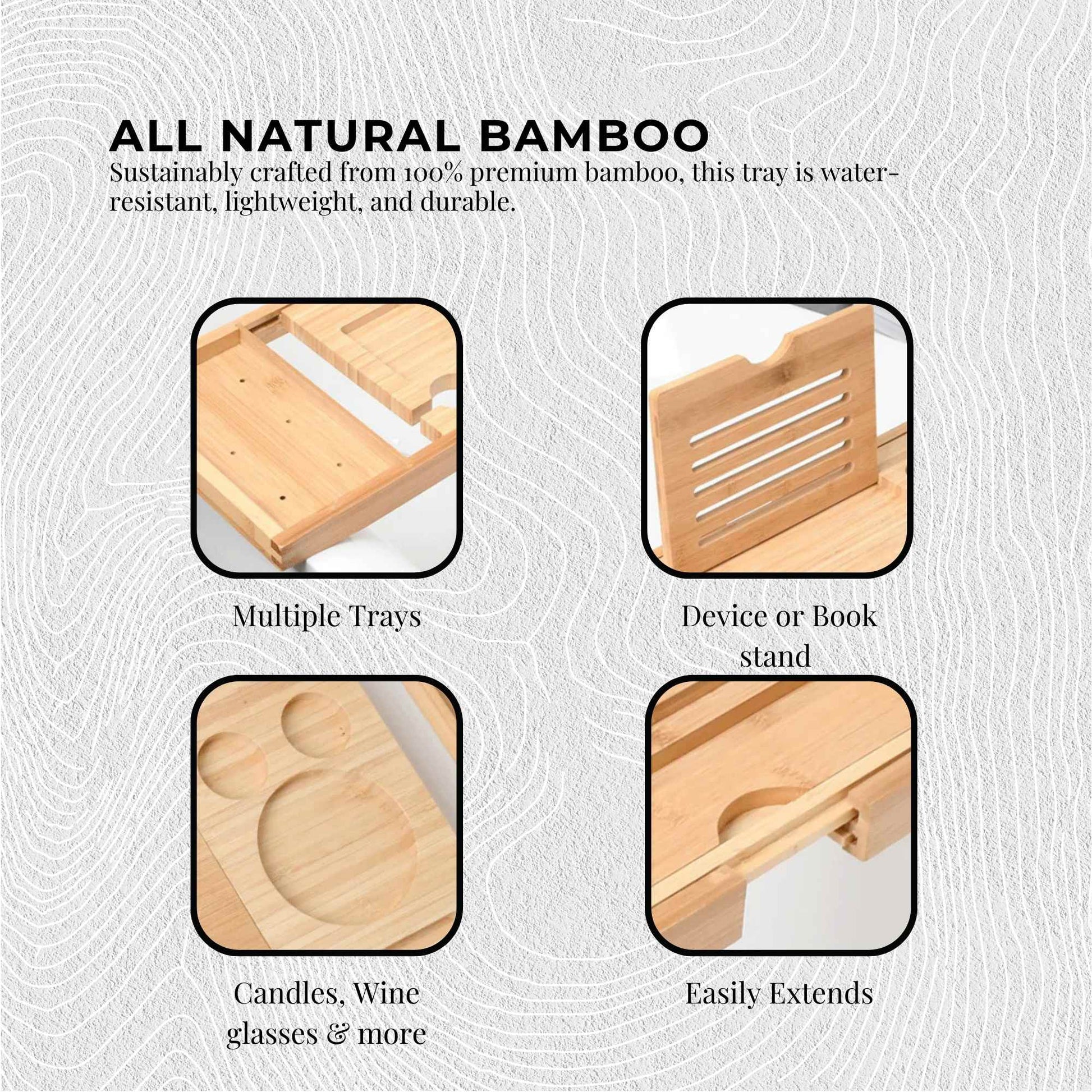 Luxury Adjustable Bamboo Bath Tray Caddy - Spa Book Wine & Accessories Holder - Image 6