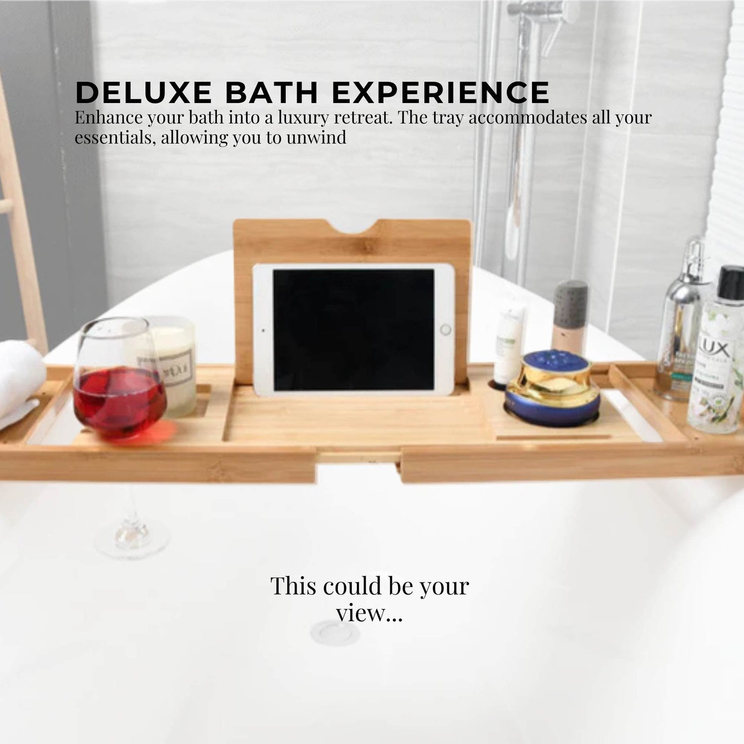 Luxury Adjustable Bamboo Bath Tray Caddy - Spa Book Wine & Accessories Holder - Image 7