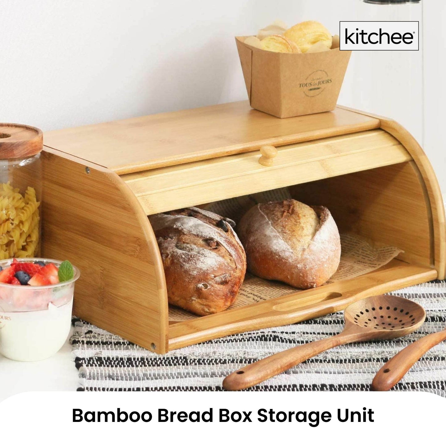 Kitchee 40cm Bamboo Bread Box - Storage Bin Keeper Kitchen Counter Container - Image 2