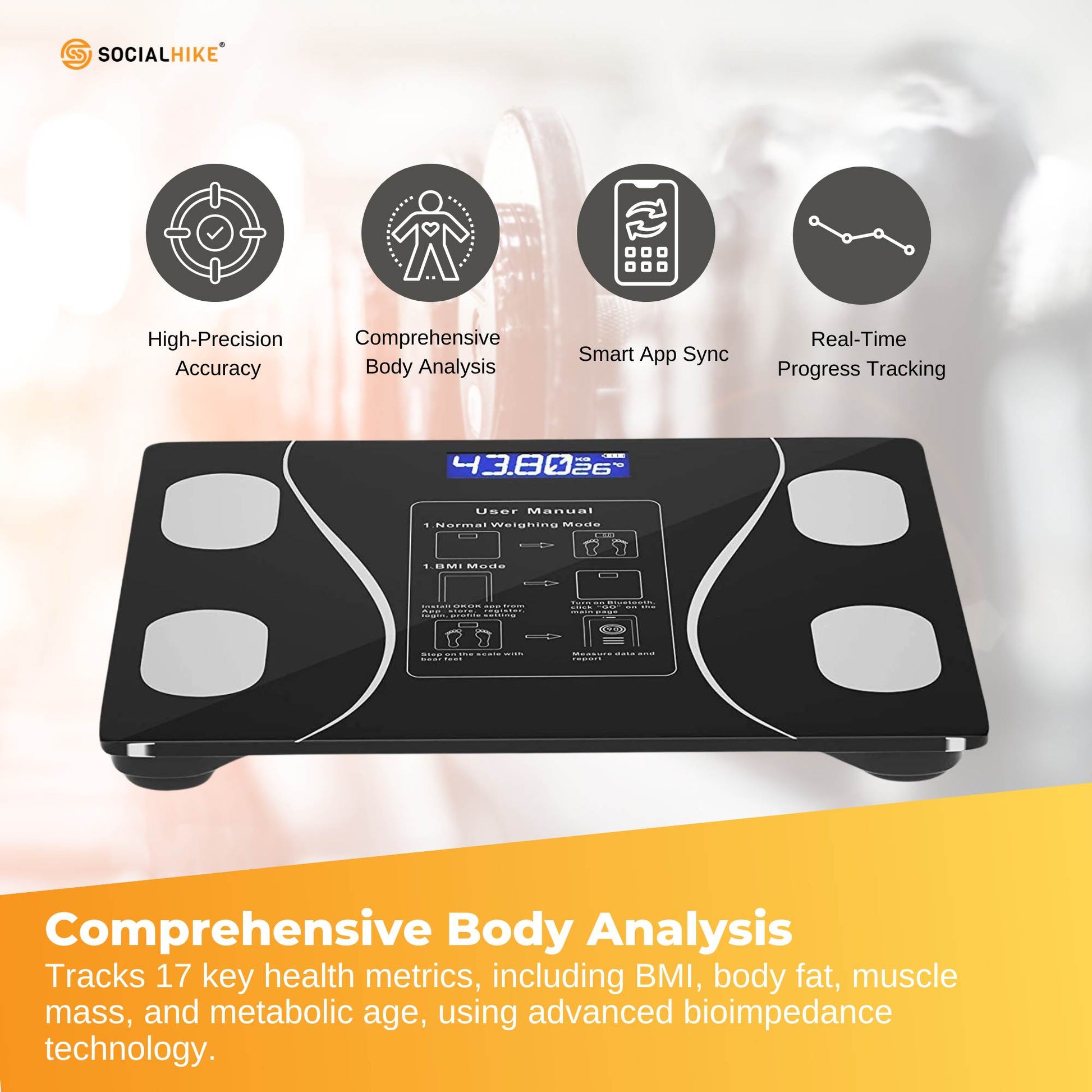 Bluetooth Smart Body Fat Scale Black - Digital BMI Weight USB Recharge with App - Image 2