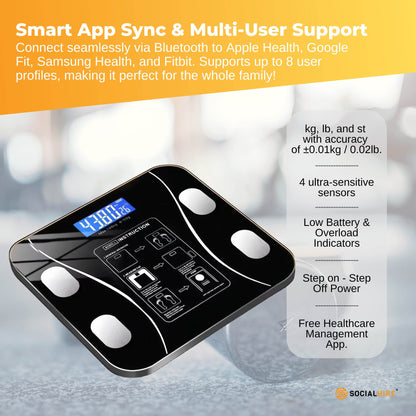 Bluetooth Smart Body Fat Scale Black - Digital BMI Weight USB Recharge with App - Image 4