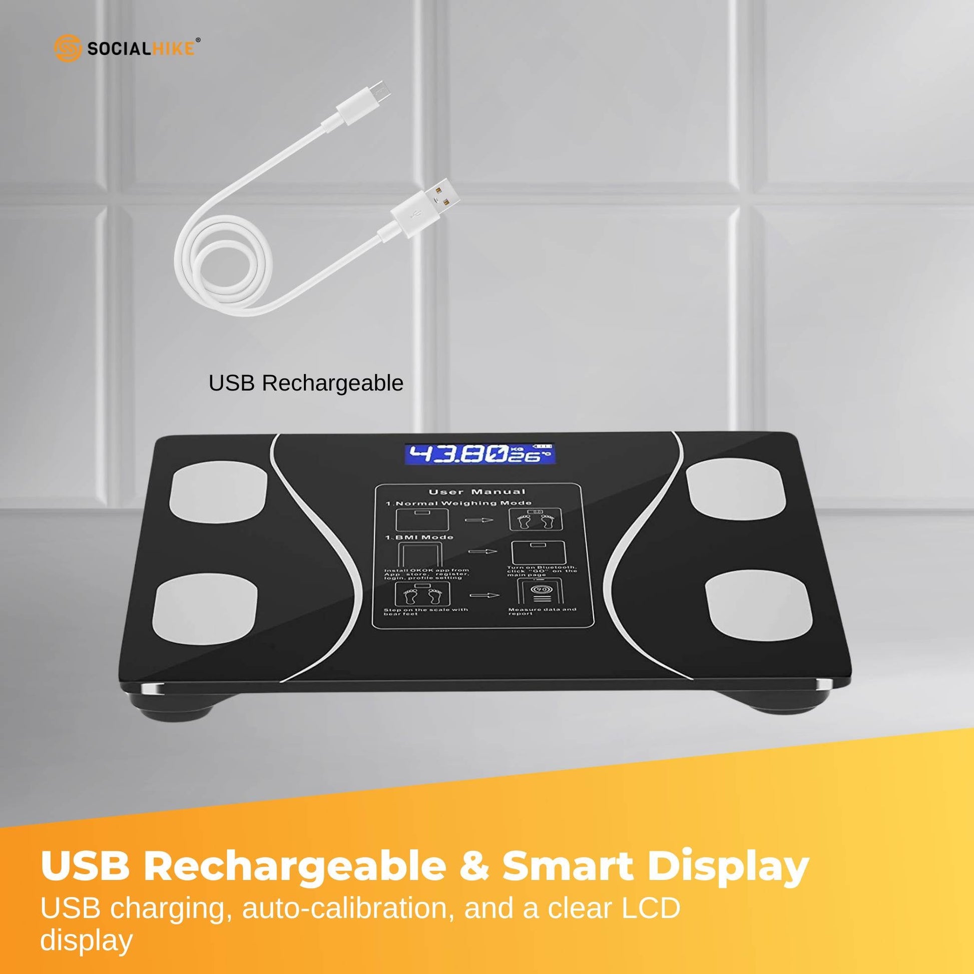 Bluetooth Smart Body Fat Scale Black - Digital BMI Weight USB Recharge with App - Image 5